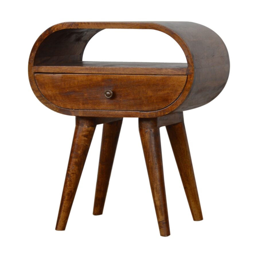 chestnut circular bedside with open slot