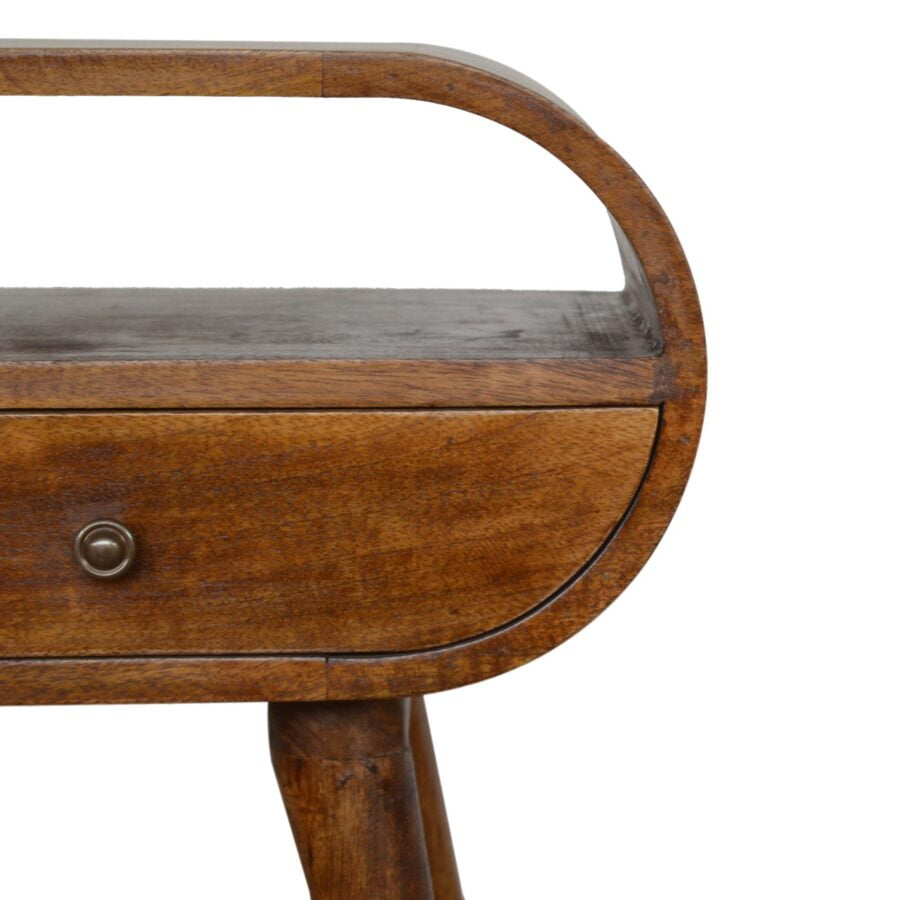 chestnut circular bedside with open slot