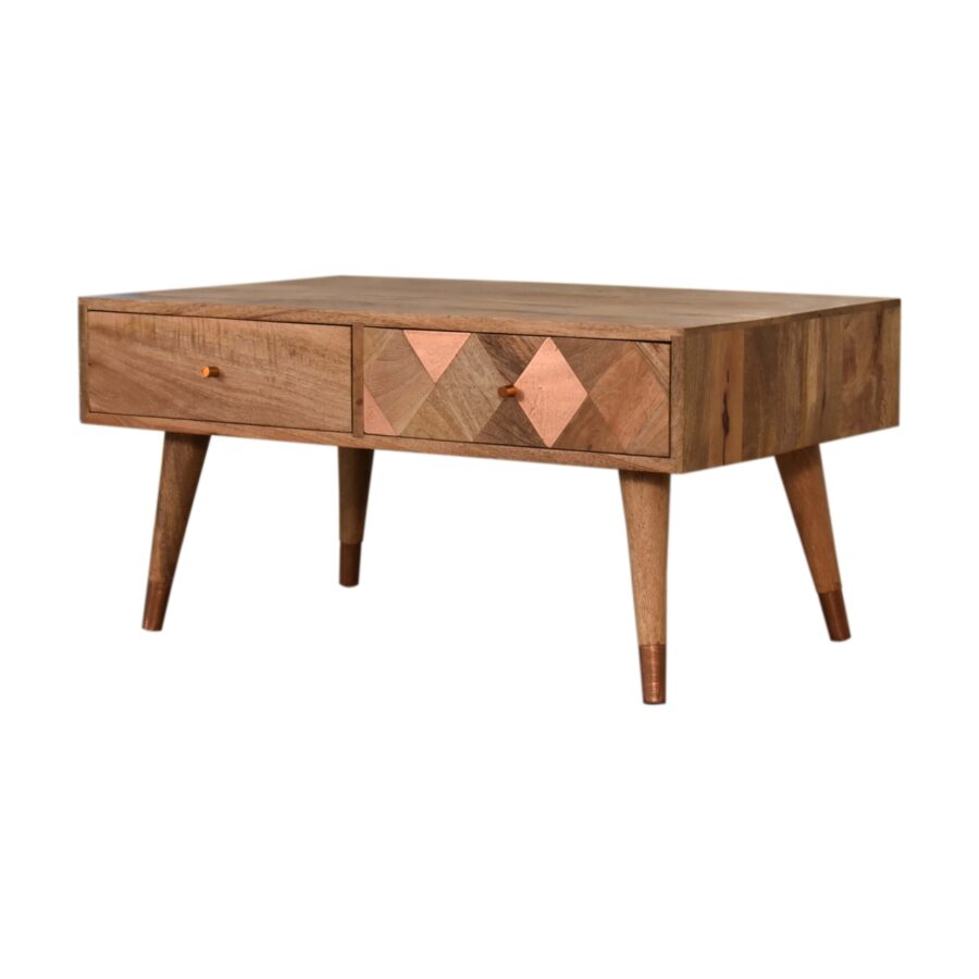 in1654 oak ish copper brass inlay coffee table