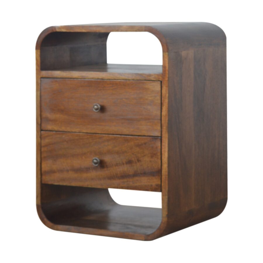 in892 chestnut curved edge bedside with 2 drawers
