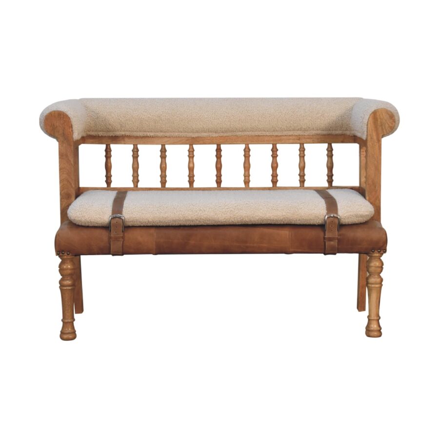 in3489 cream boucle buffalo leather strap hallway bench