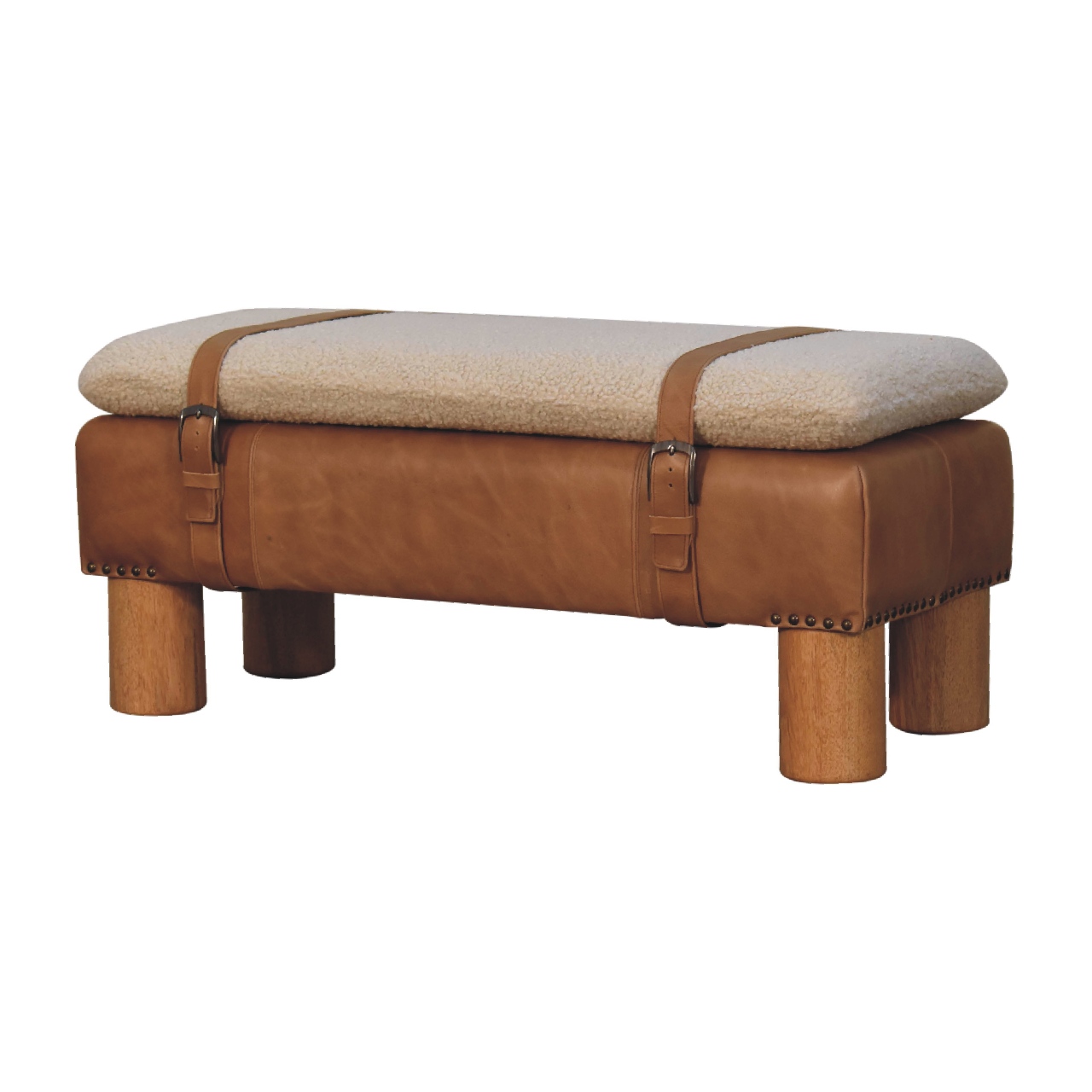 in3497 tan bufallo leather boucle nordic cylinder bench