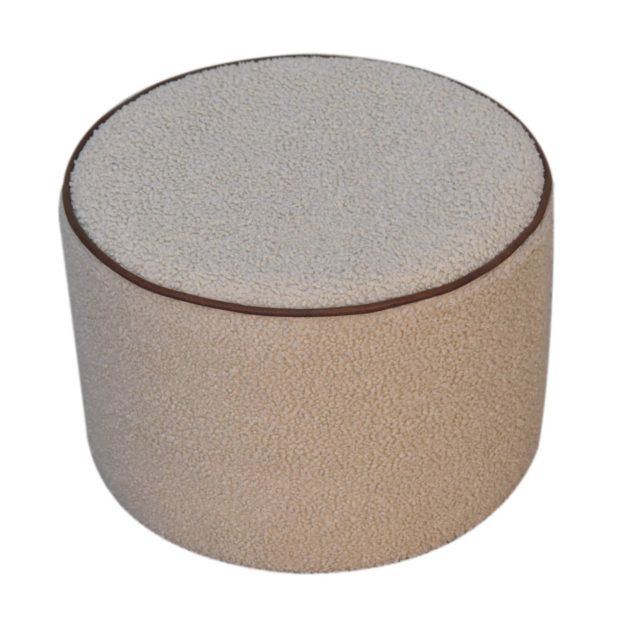 in3503 boucle round footstool with bufallo leather piping
