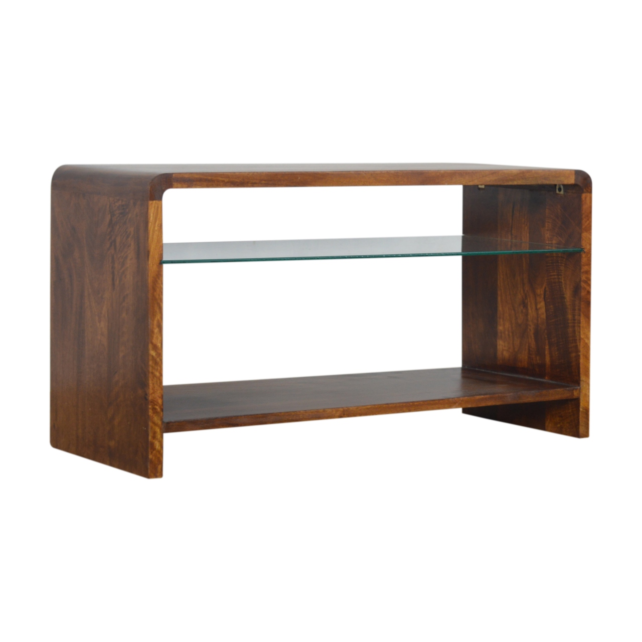 chestnut glass shelf media unit