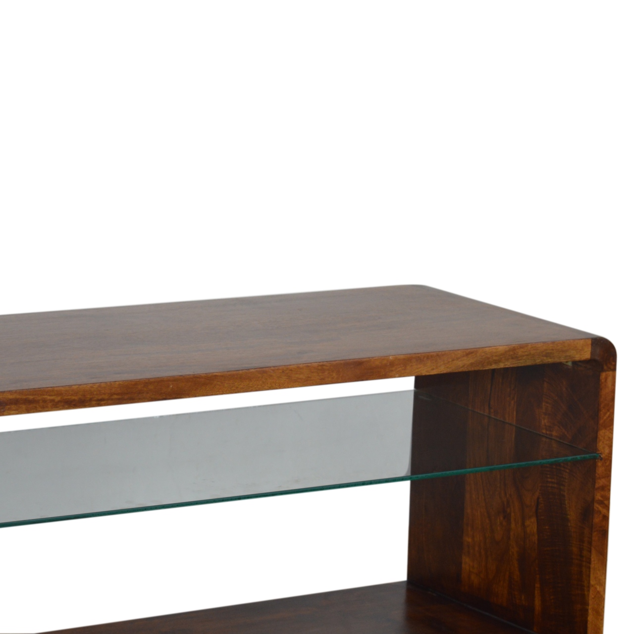 chestnut glass shelf media unit