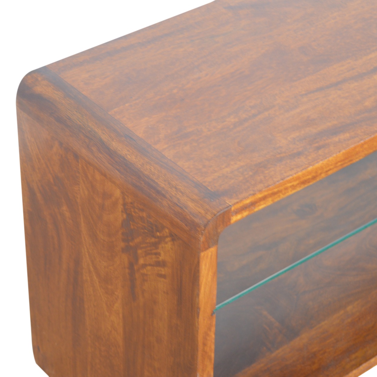 chestnut glass shelf media unit