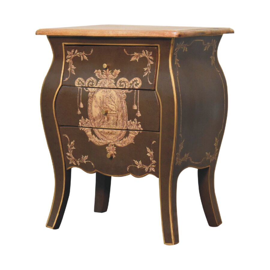 Antique-style ornate wooden bedside cabinet.