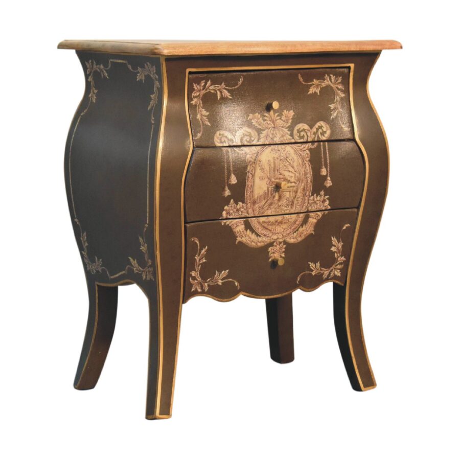 Antique-style decorative wooden bedside table with drawer.