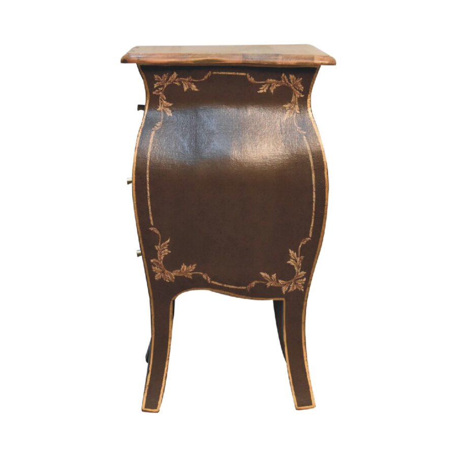 Antique wooden console table with floral inlay on white background.