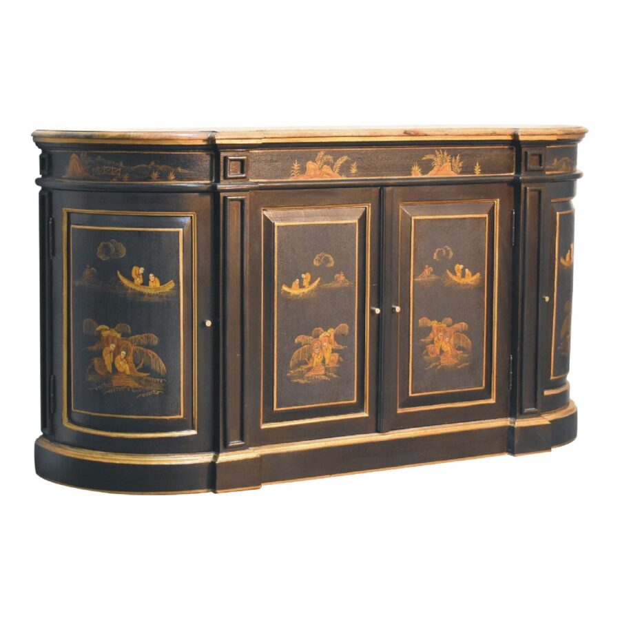 Antique sideboard with ornate inlay designs.