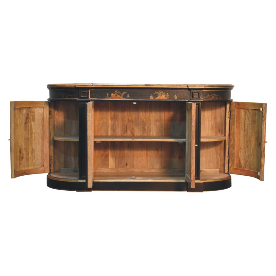 Antique wooden sideboard with open doors.