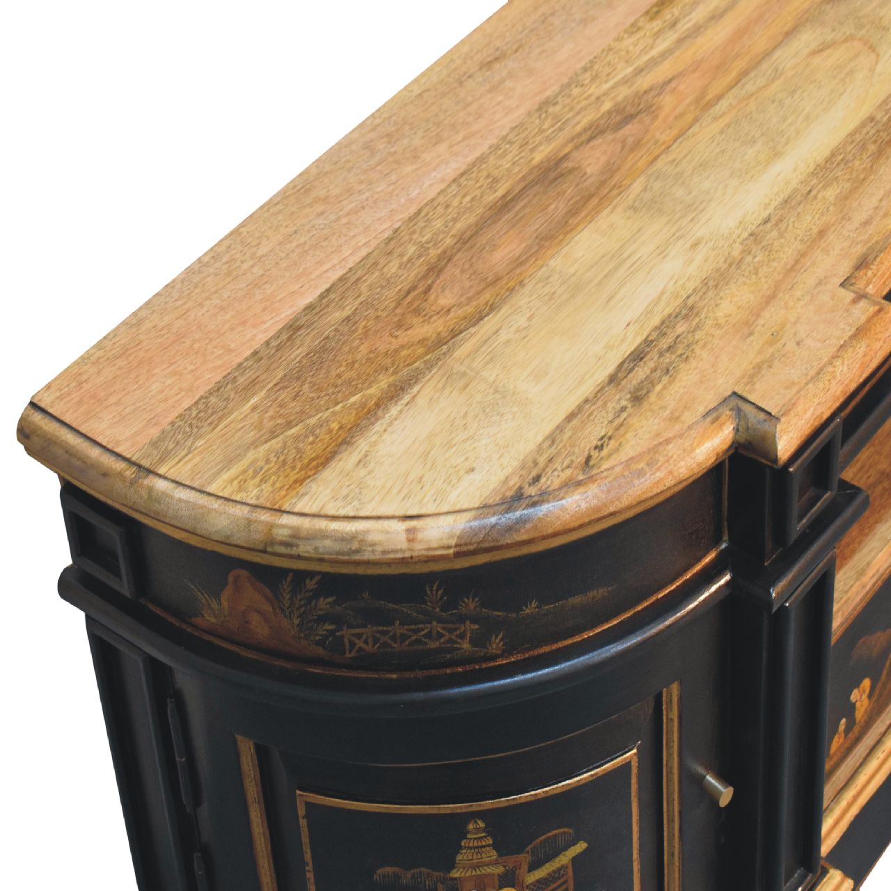 Antique wooden corner cabinet with inlaid details.