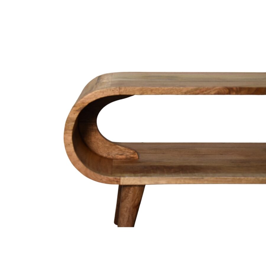 Curved wooden coffee table on white background.