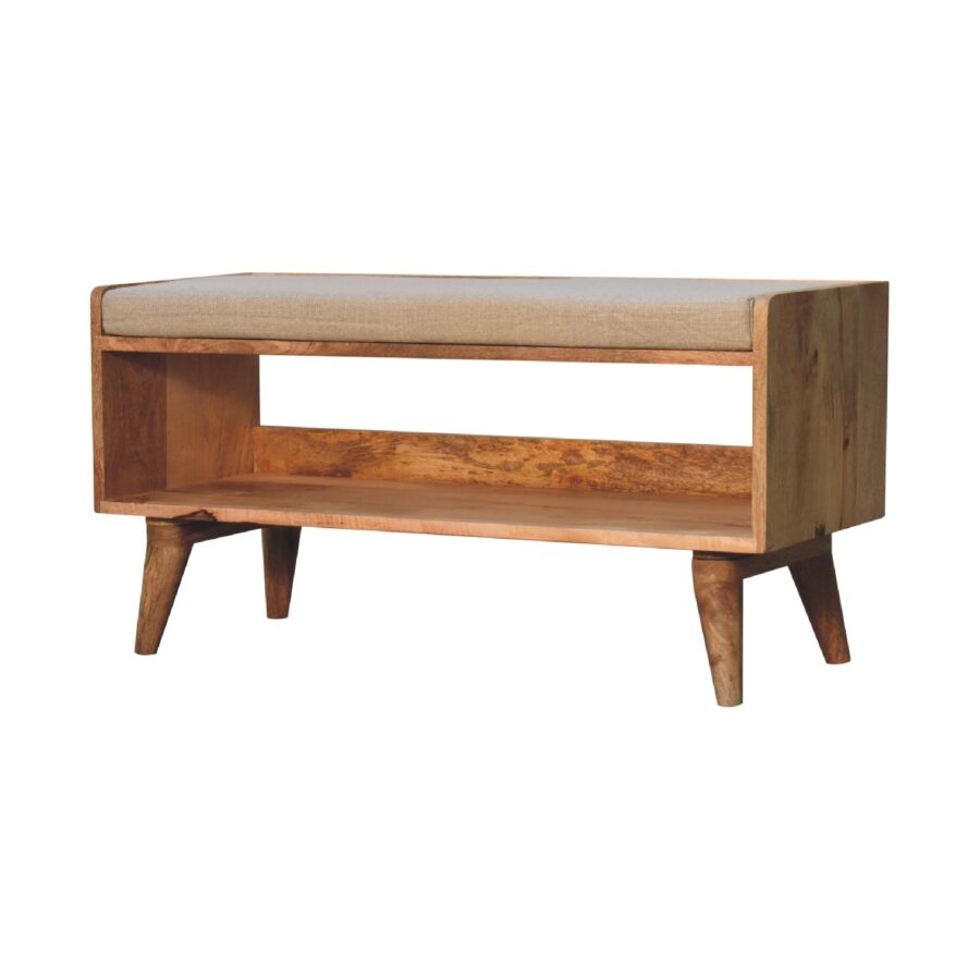Wooden bench with cushion and shelf isolated on white.