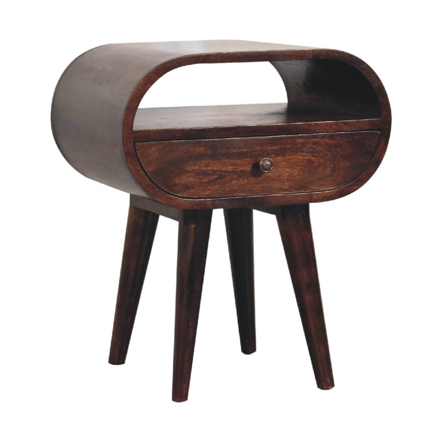 Vintage wooden bedside table with drawer on white background.