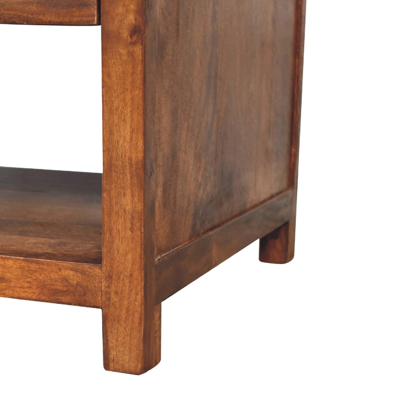 Side view of a wooden bedside table